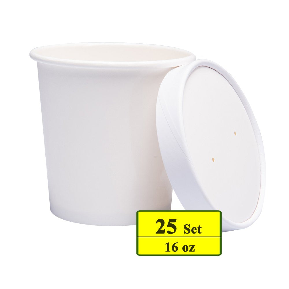 Belinlen Paper Ice Cream Cups With Paper Lids, Paper Hot/Cold Soup Cups With Lids (White) (25, 16 Oz)
