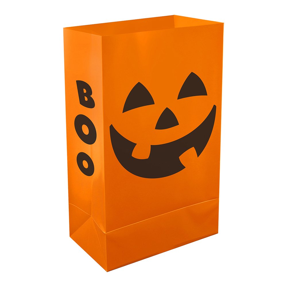 LumaBase Plastic Luminaria Bags, Orange Jack O' Lantern - Set of 12