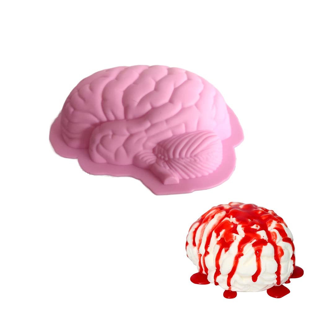 Silicone Brain Shape Mold, 3D Diy Brain Mold Brain For Fondant Cake Mould Puddings Chocolates Sugar Ice Cubes Halloween (Pink)