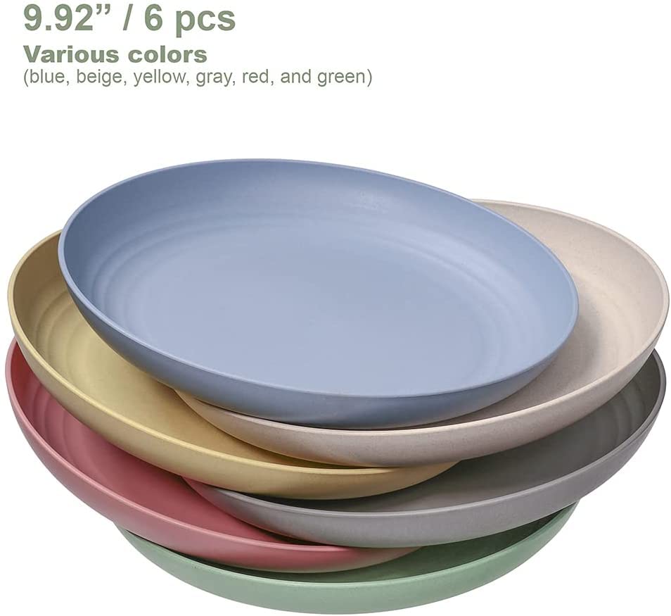 Hobein 6 Pack 10 Inch Wheat Straw Dinner Plates - Dishwasher & Microwave Safe Lunch Plates Reusable Eco-Friendly Lightweight Unb