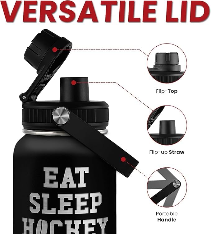 Ice Hockey Insulated Engraved Stainless Steel Water Bottle 32oz, Vacuum Chug Lid Travel Tumbler For Men Friends Hockey Lovers Fa