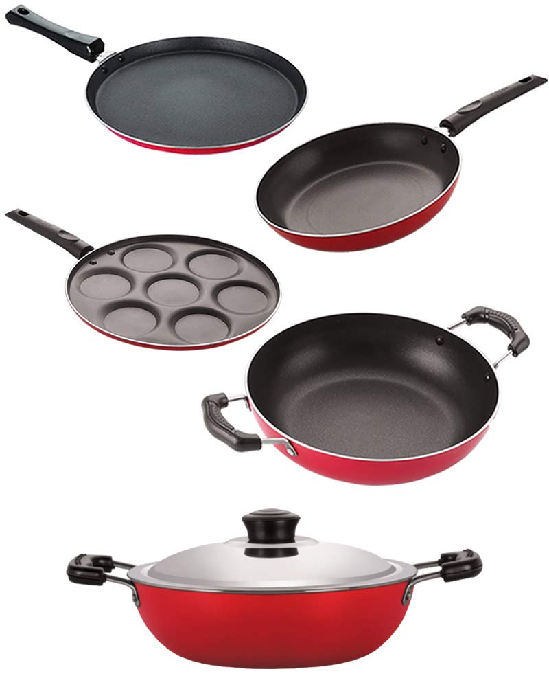 Nirlon Non Stick Pots And Pans Non Stick Cookware Set Of 5 Pieces With Bakelite Handle(2.6Mm_Ft13_Kd12_Dkdm_Tp_Up7)