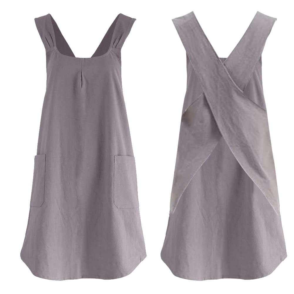 Ptsygantl Apron Women, Aprons For Women With 2 Pockets, Cooking Aprons For Women, Cotton Linen Garden Aprons, Apron Dress (Grey)