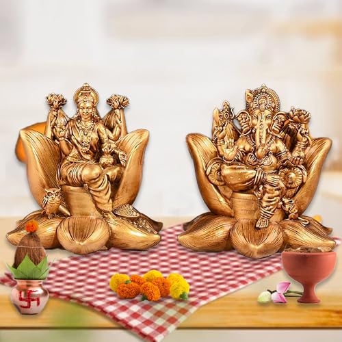A&S Ventures Laxmi Ganesh Statue Polyresin Laxmi Ganesh For Diwali Poojan Home Tample Mandir Pooja Ghar Hindu Deity Idols (Golde