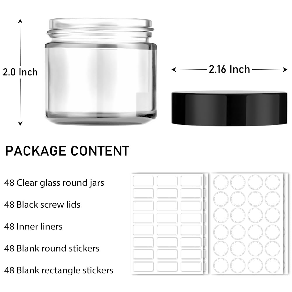 2 Oz Glass Jars, Bumobum 48 Pack Clear Cream Jars With Black Lids, White Labels & Inner Liners, Empty Round Clear Cosmetic Conta