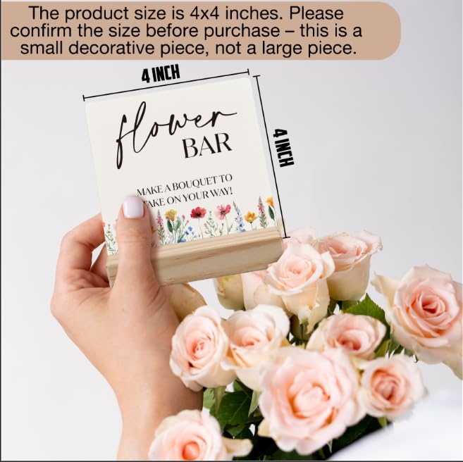 ANlANG Flower Bar Sign 4X4 inch, Flower Bar Desk Decor, Bridal Shower Sign Wood Plaque, Wedding flowers, WeddingAccessories for