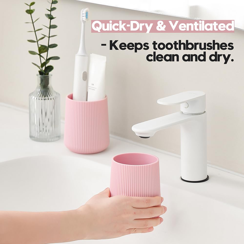 YAUKPH Pink Striped Toothbrush Holder for Electric Toothbrushes Bathroom Organizer for Toothpaste Kids & Adults