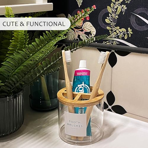 Onsogi Thick Clear Plastic Toothbrush Holder With Bamboo Lid For Bathroom Decor, Toothbrush Organizer Stand For Bathroom Vanity