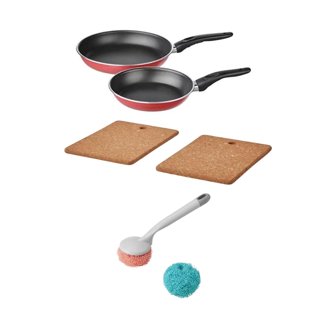 Ikea NonStick Frying Pan Set With Cork Trivets And Cleaning Brush, Red And Black, 2 Pans, 2 Hot Pads, Kitchen Cookware Bundle