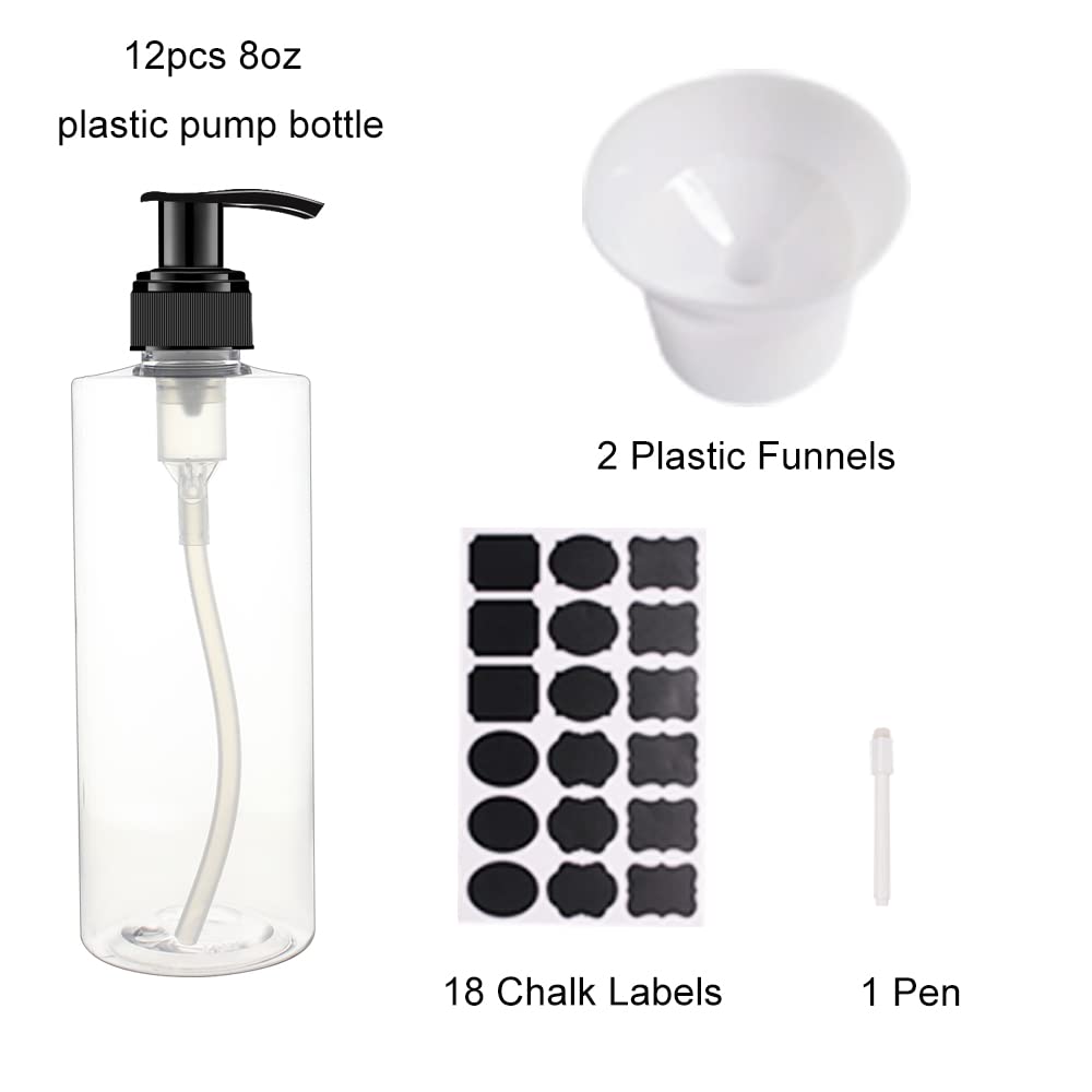 BPFY 12 Pack 8 oz Plastic Pump Dispenser Bottles for Massage Oil  Shampoo  Lotions  Body Wash Pump Bottles  Cream Refillable Containers with Pump  2 Funnel  18 Chalk Labels