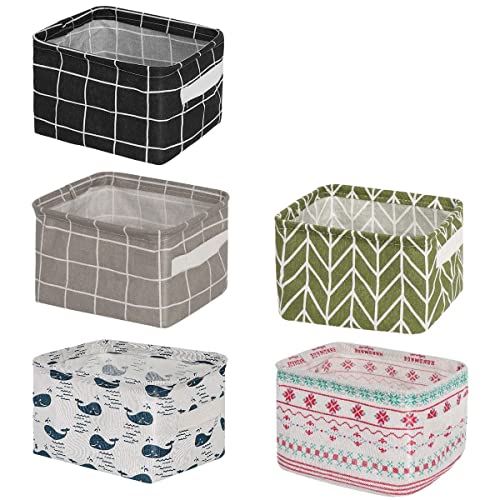 Xamile Foldable Mini Square Storage Basket  Set Of 5 Small Collapsible Canvas Containers Organizers With Handle(Cotton, Black;W