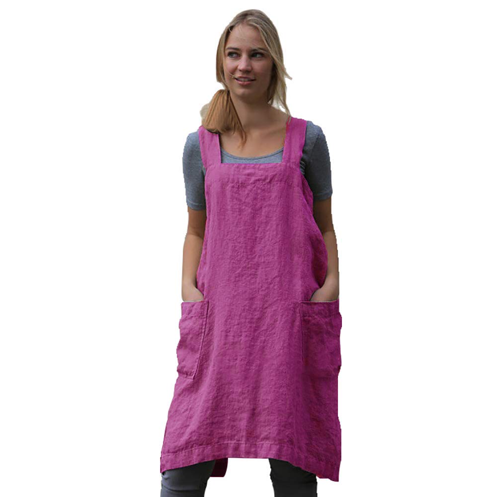 Women'S Pinafore Square Apron Baking Cooking Gardening Works Cross Back Cotton/Linen Blend Dress With 2 Pockets Purple Red-S