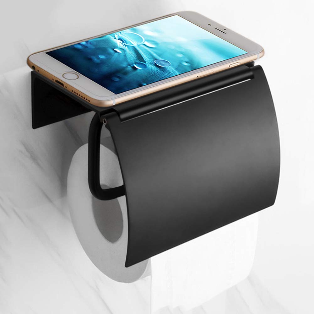 Matte Black Toilet Paper Holder Wall Mounted With Phone Shelf, Universal Modern Toilet Tissue Holder Fit Mega Roll Toilet Paper,