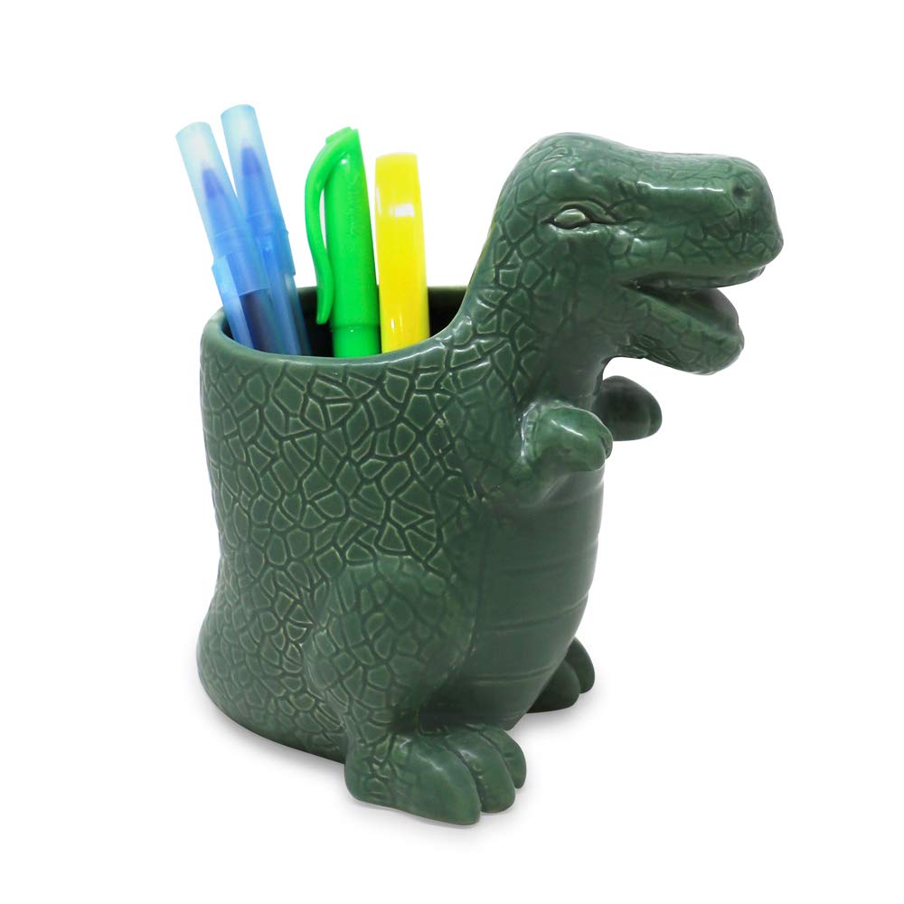 Isaac Jacobs Green Ceramic Dinosaur Cup  Toothbrush Holder  Multi-Purpose Organizer  - Great for Toiletries  Bathroom  Kitchen  Crafts  Desk  Novelty Bathroom Accessory (Single Cup  Green)