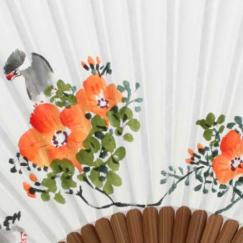 Hand Painted Folding Orange Flower and Bird Painting White Paper Bamboo Asian Oriental Wall Deco Korean Handheld Decorative Fan