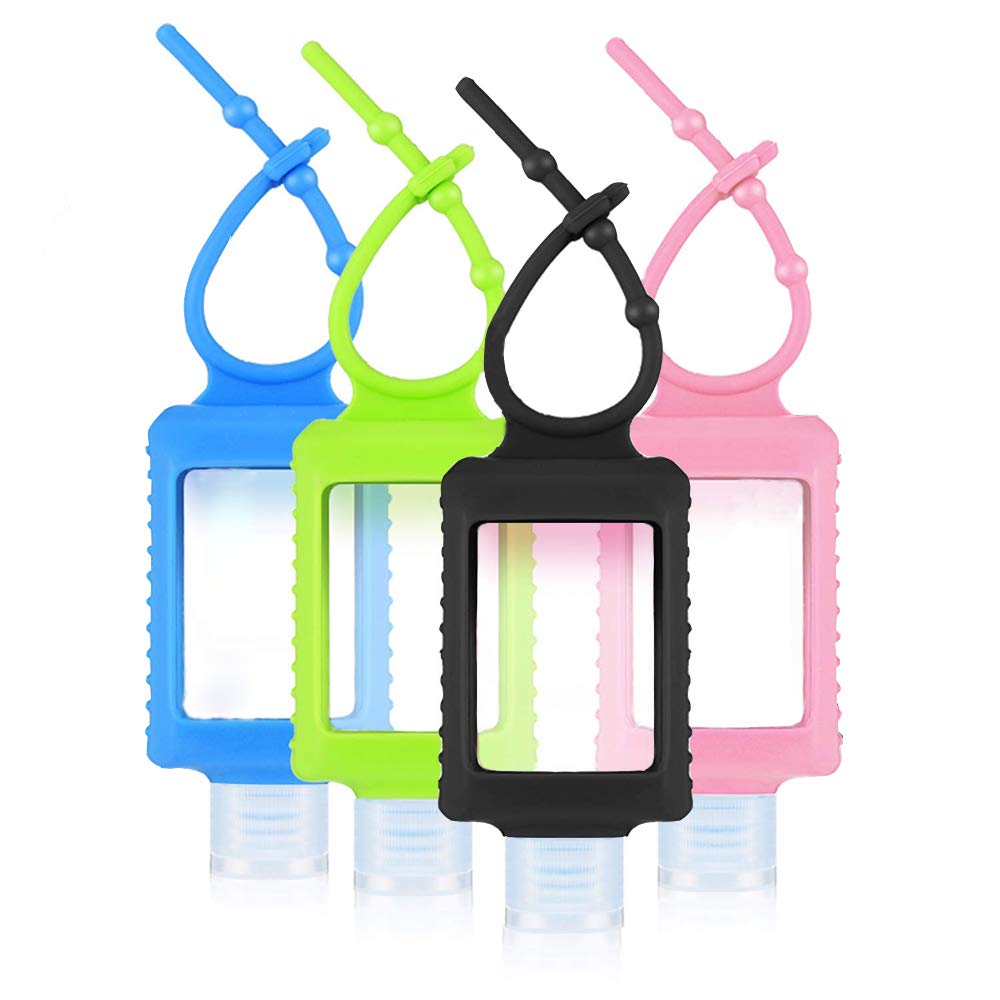 ICHOEEU 4 Pack Travel Size Plastic Clear Bottles w/Silicone Sleeve Refillable Empty Squeeze Containers Leakproof Flip Cap Keychain Bottles Hand Sanitizer Holder for Backpack Travel Outdoor (60ml/2oz)