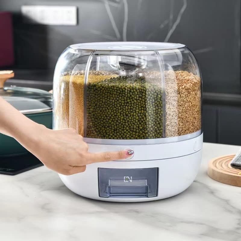 Mugath Rotating Rice Dispenser 6 Compartment Grain Storage Container Dry Food Organizer For Kitchen Rice Beans Cereal With Measu