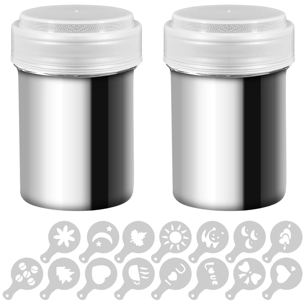 2 Stainless Steel Powder Shakers, Senhai Mesh Shaker Powder Cans For Coffee Cocoa Cinnamon Powder With Lid, With 16 Pcs Printing