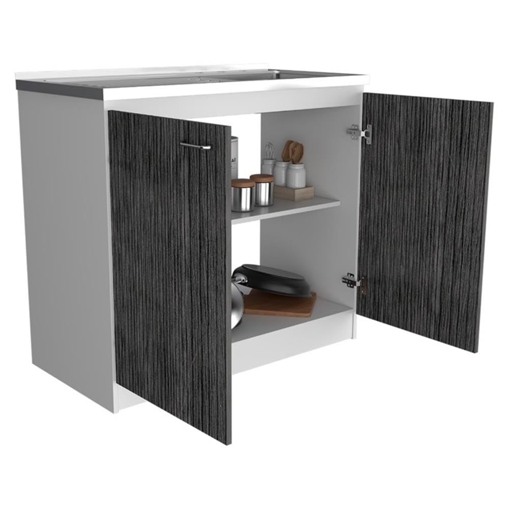 TUHOME Napoles Utility Sink  Two Shelves  Two-Door Cabinet  Countertop- White/Smoky Oak  For Kitchen Room