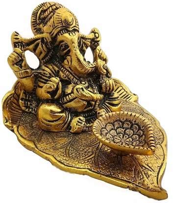Heaven Decor Leaf Ganesh God Idol Decorative Murti With Diya Decorative Showpiece For Car And Home Temple