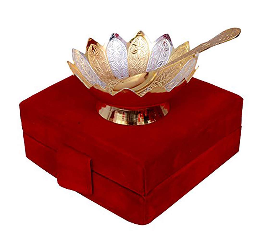 AC ANAND CRAFTS Gold and Silver Plated Brass Lotus Flower Shaped Bowl 4 Diameter with Spoon for Rakhi Gift