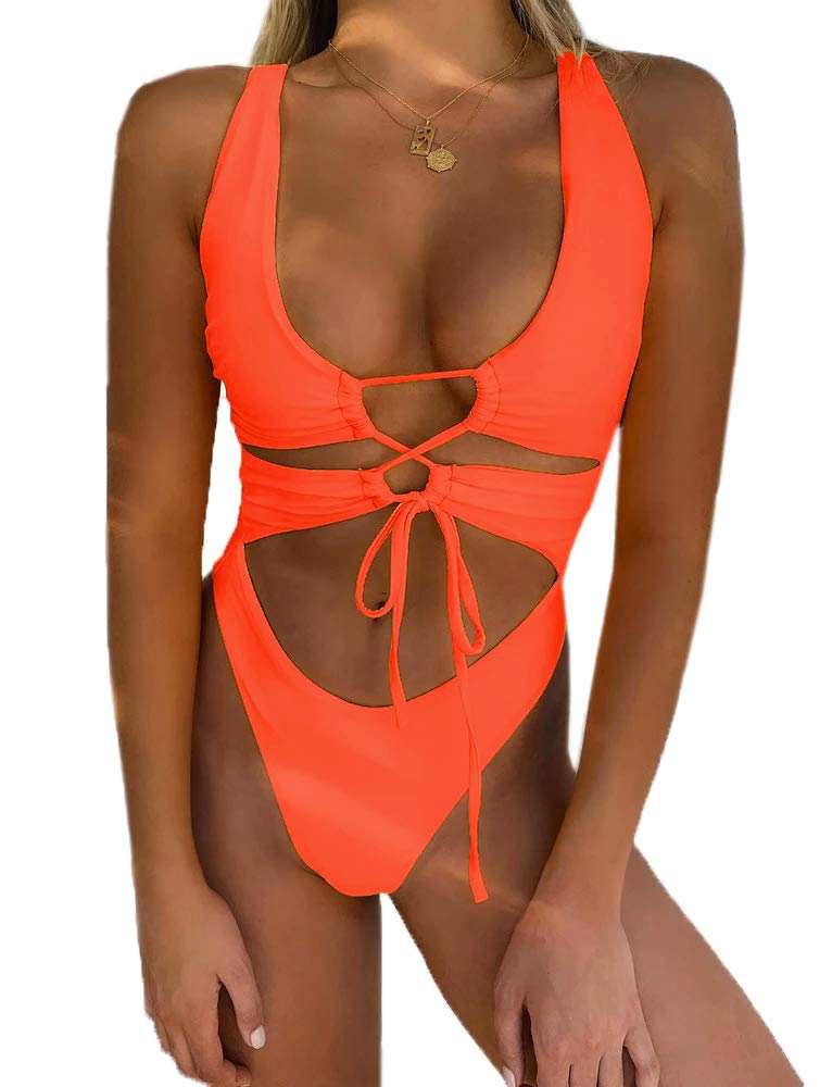 Chyrii Womens Sexy Cutout Lace Up Backless High Cut One Piece Swimsuit Monokini Orange Xl