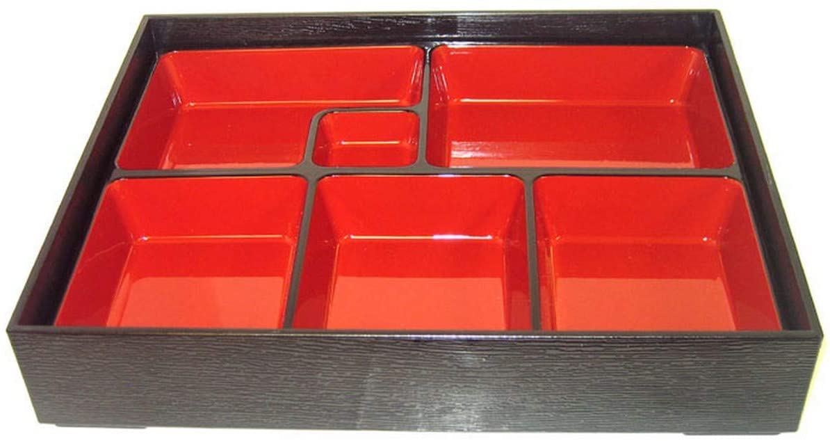 Japanbargain, Red And Black Japanese Traditional Plastic Lacquered Lunch Bento Box 6 Compartments For Restaurant Or Home Tray An