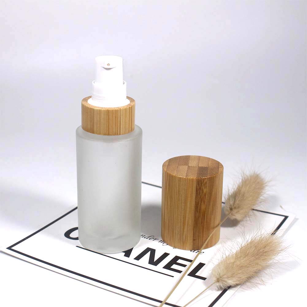 Frosted Glass Lotion Bottle,2 Pack Cosmetic Cream Bottles With Bamboo Lid Empty Travel Spray Bottles Pump Dispenser For Essentia