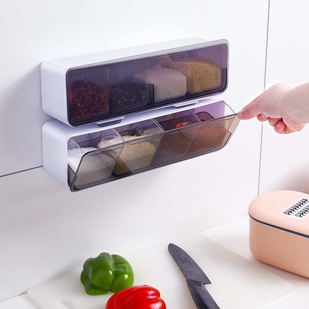 Raja Dhiraj Wall Mounted Spice Storage Box With Spoon For Kitchen, Multipurpose Self Adhesive Seasoning Masala Spice Rack Shelf 