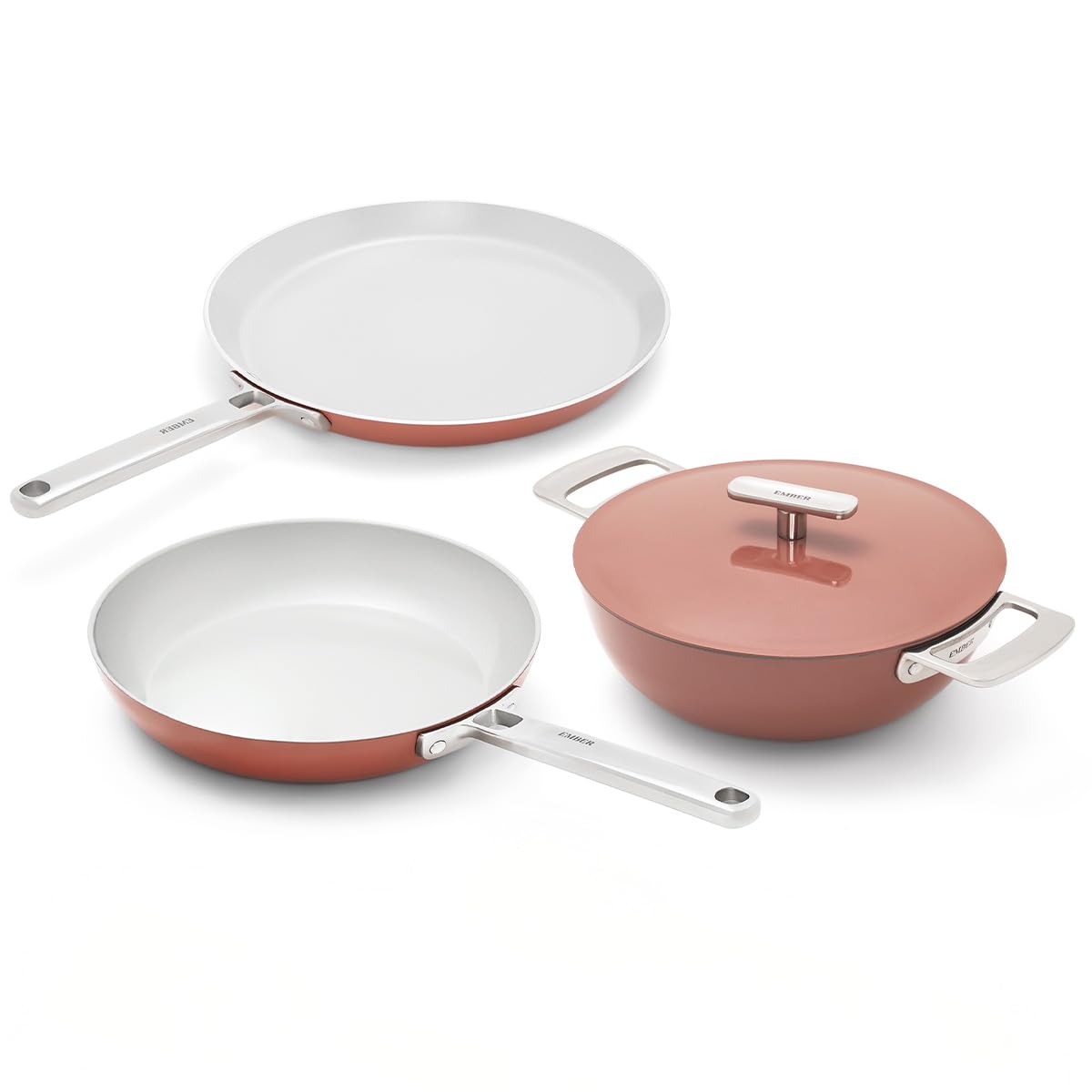 Ember Cookware Arcilla Ceramic Non Stick Cookware Set Of 3 | Frying Pan 24 Cm, Kadai 2.6 Litre With Metallic Lid & Tawa 28 Cm | 