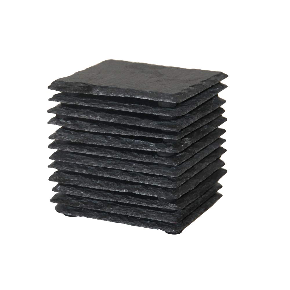 12 Pack 4 X 4 Inch Gorgeous Black Slate Stone Coasters Bulk Square Slate For Drink Bar Kitchen Home, Handmade Natural Rough Edge