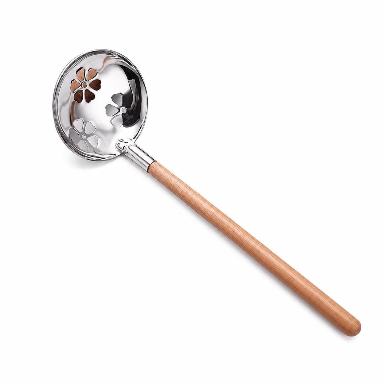 Cooking Spoon Soup Ladle Slotted Spoon, Wood Handle Extended Slotted Spoon