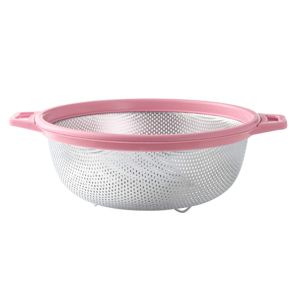 Hiramware Stainless Steel Colander With Handle And Legs, Large Metal Pink Strainer For Pasta, Spaghetti, Berry, Veggies, Fruits,
