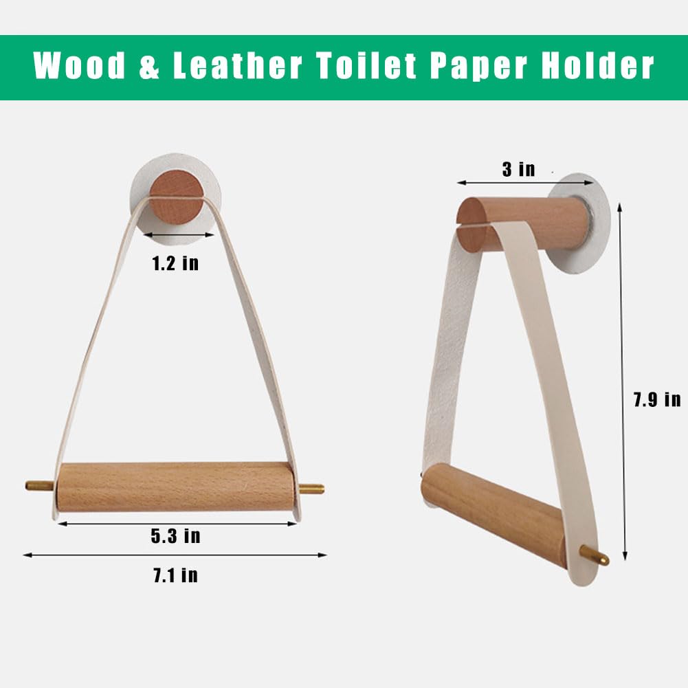 Wood & Leather Wall Toilet Paper Holder, Rustic Tissue Rolls Paper Holder Wall Mounted, Graceful And Natural Bathroom Accessorie