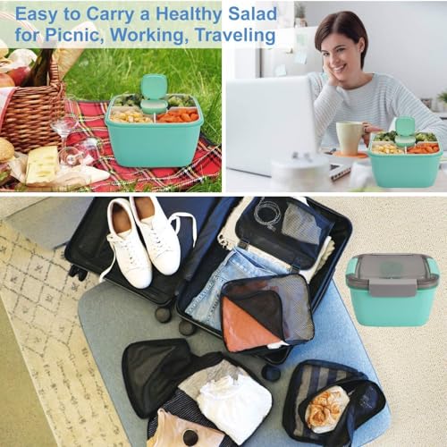 Clazkit Plastic Salad Lunch Box Container with Cutlery and Sauce Container with 5 Compartment Bento Style Tray Leak Proof Lunch
