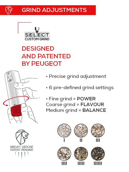 Peugeot - Line U'Select Rechargeable Electric Salt Mill 15Cm + Rock Salt Included - 6 Preset Flour Settings - Aluminium - Carbon