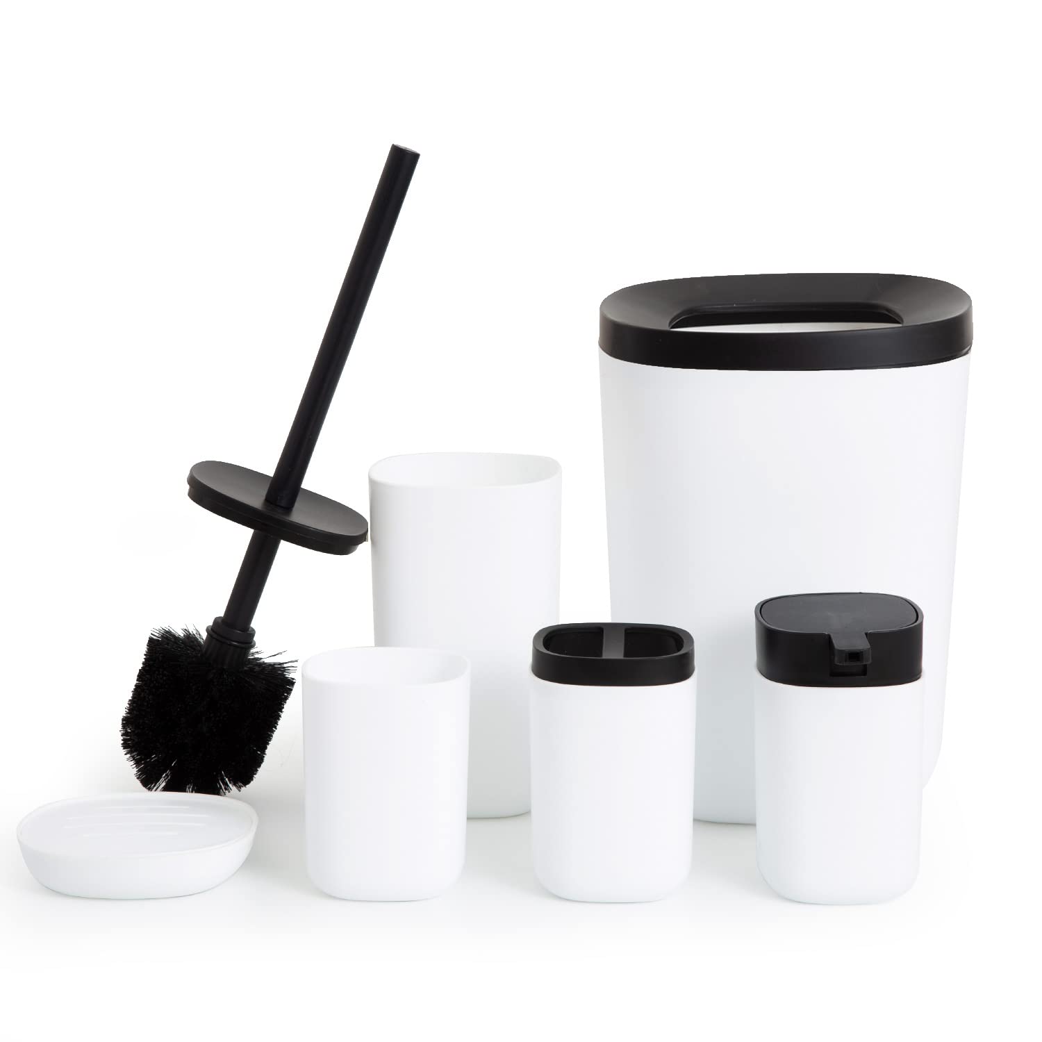 Bathroom Accessories Bath Set Of 6 Complete, Toothbrush Holder, Soap Dispenser, Garbage Trash Can, Soap Dish, Toothbrush Cup And