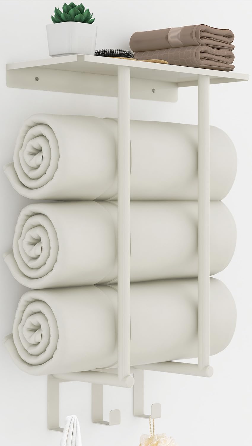 Towel Rack With Shelf & 3 Hooks, Bethom Towel Holders For Bathroom Wall Mounted, Metal White Towel Racks Can Hold 3 Large Bath S