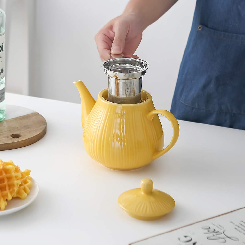 Koov Ceramic Teapot With Infuser, 40 Ounce Tea Pot With Infuser For Loose Tea, Large Enough For 6 Cups, Striped Series (Lemon)