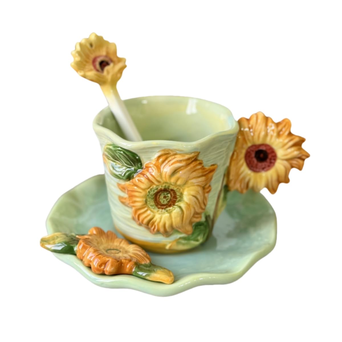 FORLONG Ceramic Sunflower Coffee Mug and Saucer set with Spoon,3D Handmade and Handpainted Tea Mug, 6OZ