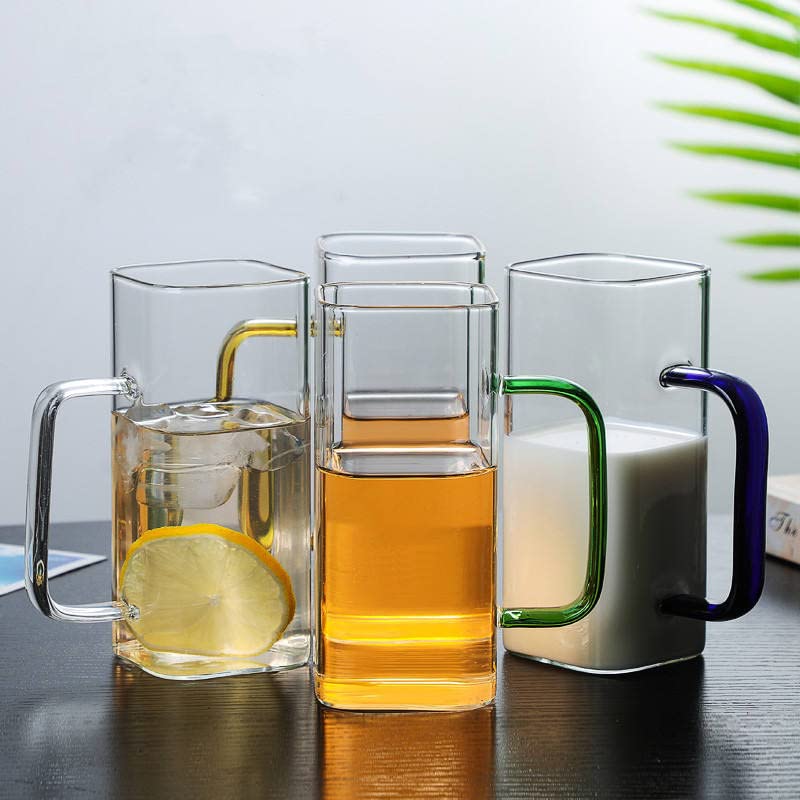 Bliss Start 4 Pieces, 380Ml Heat Resistant Square Glass Tea Cup Juice Microwave Safe Cold Coffee Color Handle Transparent Mug Dr