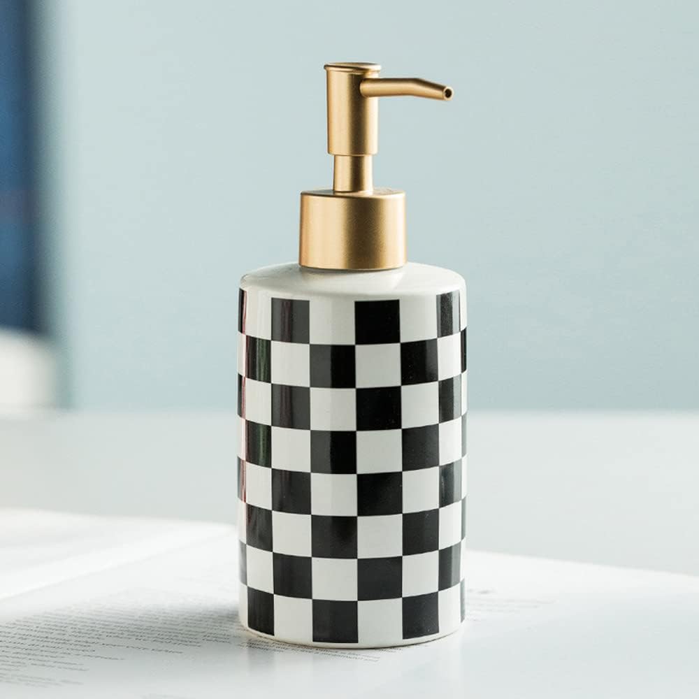 Checkered Ceramic Soap Dispenser With Rust Proof Gold Matte Pump Decorative Soap Dispenser For Bathroom Or Kitchen (Black & Whit
