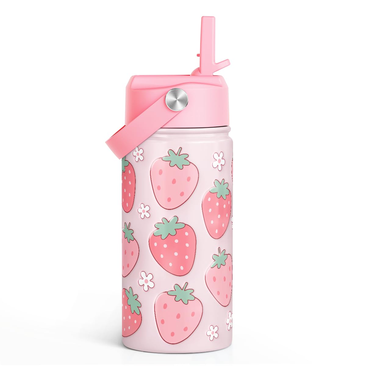 Strawberry Kids Water Bottle with Straw Lid 12oz Insulated Stainless Steel, Travel Tumbler, Gifts for Girls, Birthday, Christmas