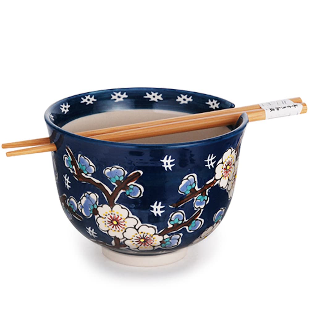 Happy Sales Hsrb-Dsyflr, Multi Purpose 5''D Ramen Udon Soba Pho Noodle Donburi Rice Tayo Bowl With Chopsticks, Blue Cherry Bloss
