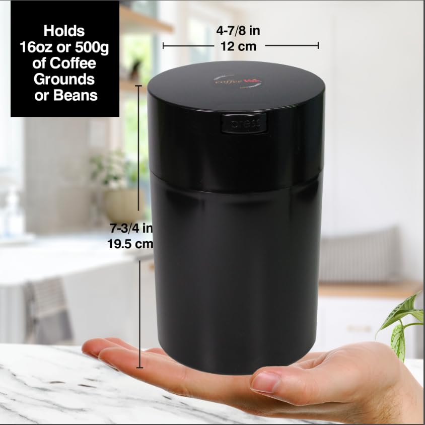 Coffeevac 1Lb Patented Airtight Multi-Use Vacuum Works As Smell Proof Ground Coffee Bean Containers. Black Cap And Body, 1.85-Li