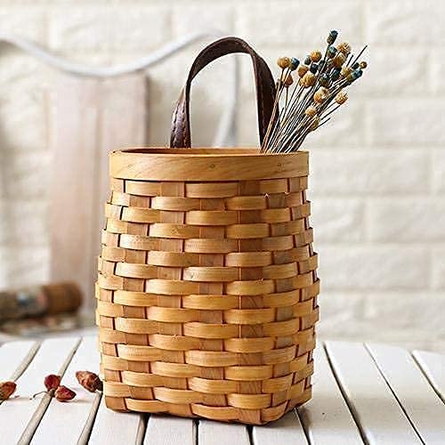 Hanging Wicker Basket Hand-Woven Wood Storage Basket Portable Wall Hanging Flower Basket Organizer Fruit Vegetable Rattan Box Ho