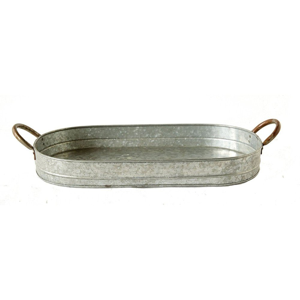 Benjara Galvanized Oblong Metal Tray with Ear Handles, Gray