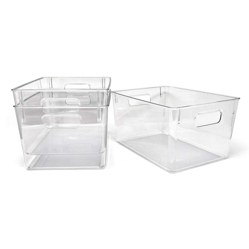 Isaac Jacobs 3-Pack Large Clear Storage Bins With Handles, Plastic Organizer For Home, Room, Office, Fridge, Kitchen/Pantry Non-