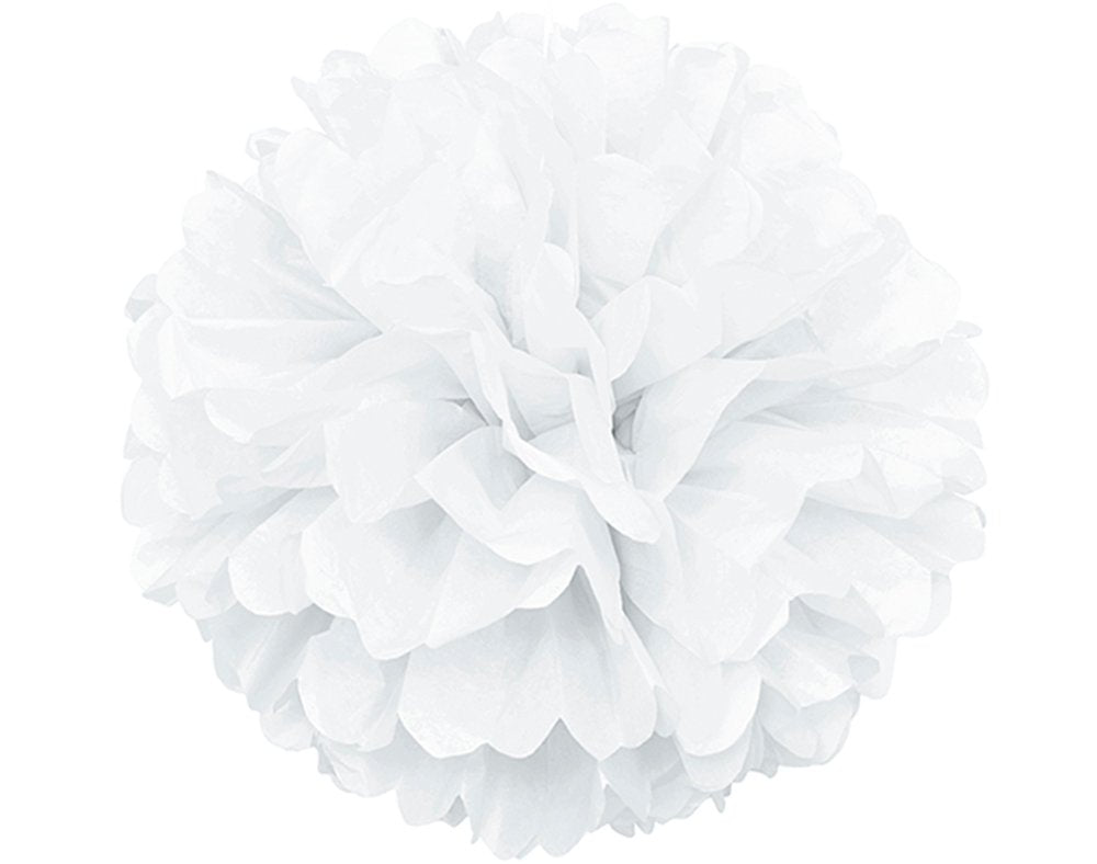 White Solid Hanging Tissue Pom Pom - 16'' (1 Count) - Vibrant Paper Decor For Parties, Celebrations & Events
