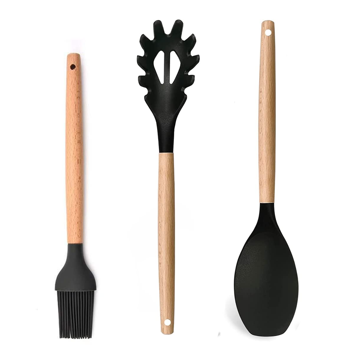 Fs Cool Set Of 3 Kitchen Utensils Silicone Pasta Fork,Oli Brush And Spatula, NonScratch NonStick With Wooden Handle Kitchen Ut